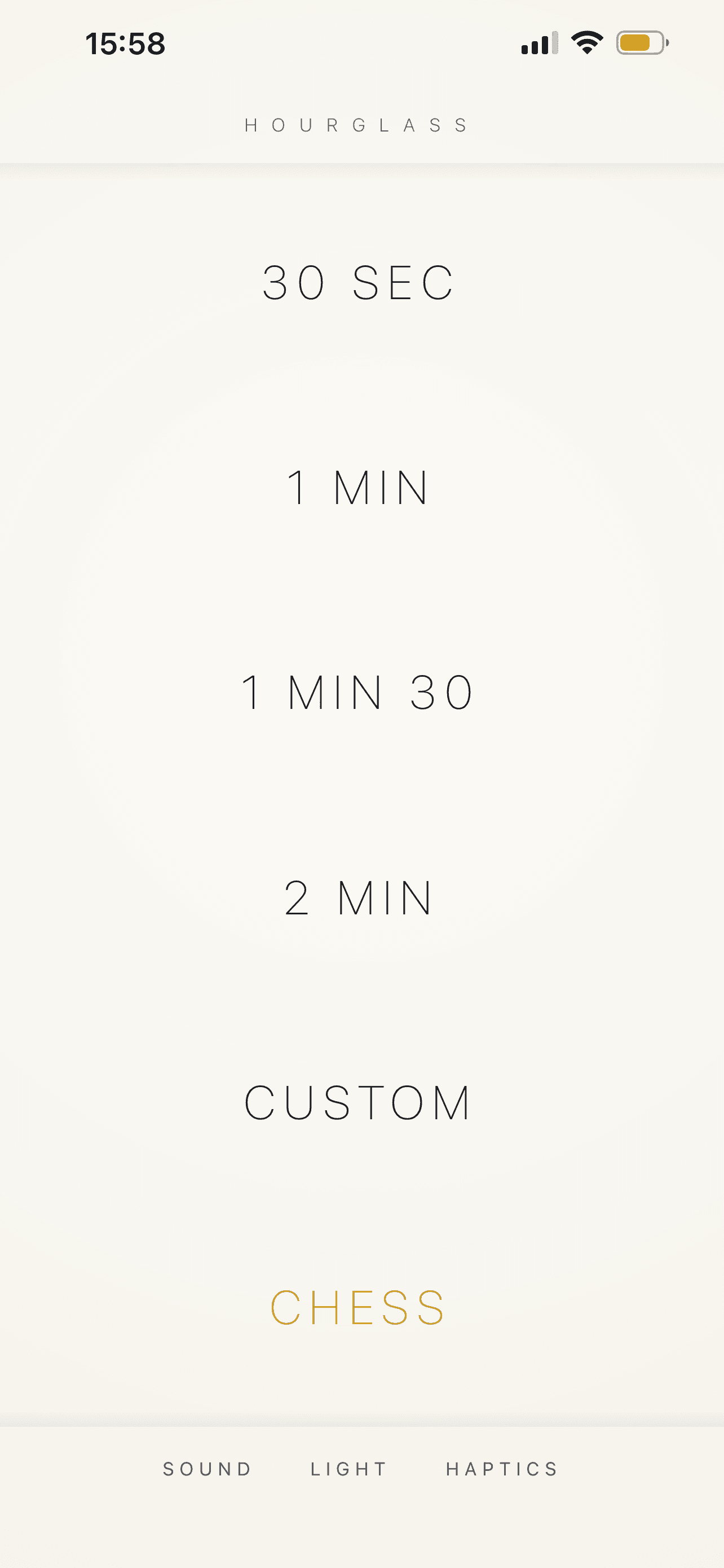 Hourglass timer with duration and chess mode choices